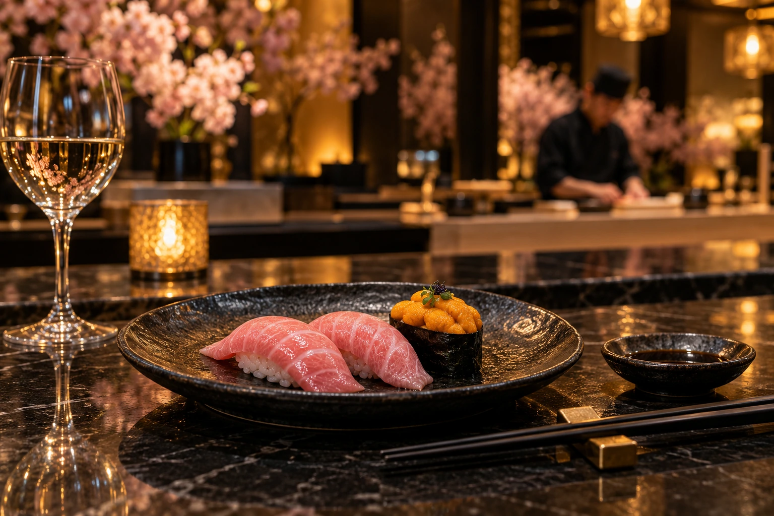 Otoro nigiri and uni at a warm sushi counter with a candle, wine glass and two chopsticks