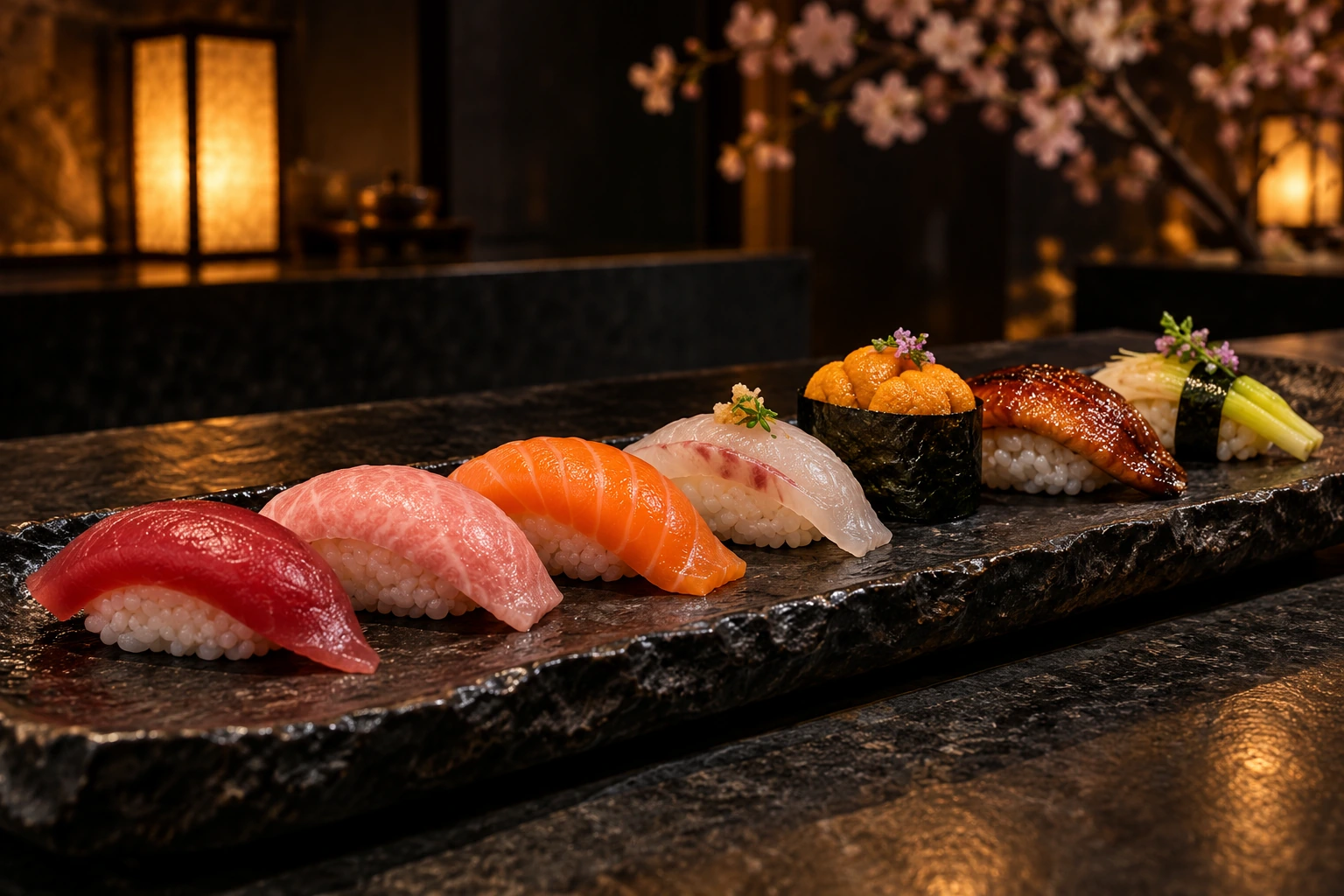 Seven distinct pieces of omakase sushi on a long black ceramic platter, including tuna, salmon, sea bream, uni, eel and vegetables