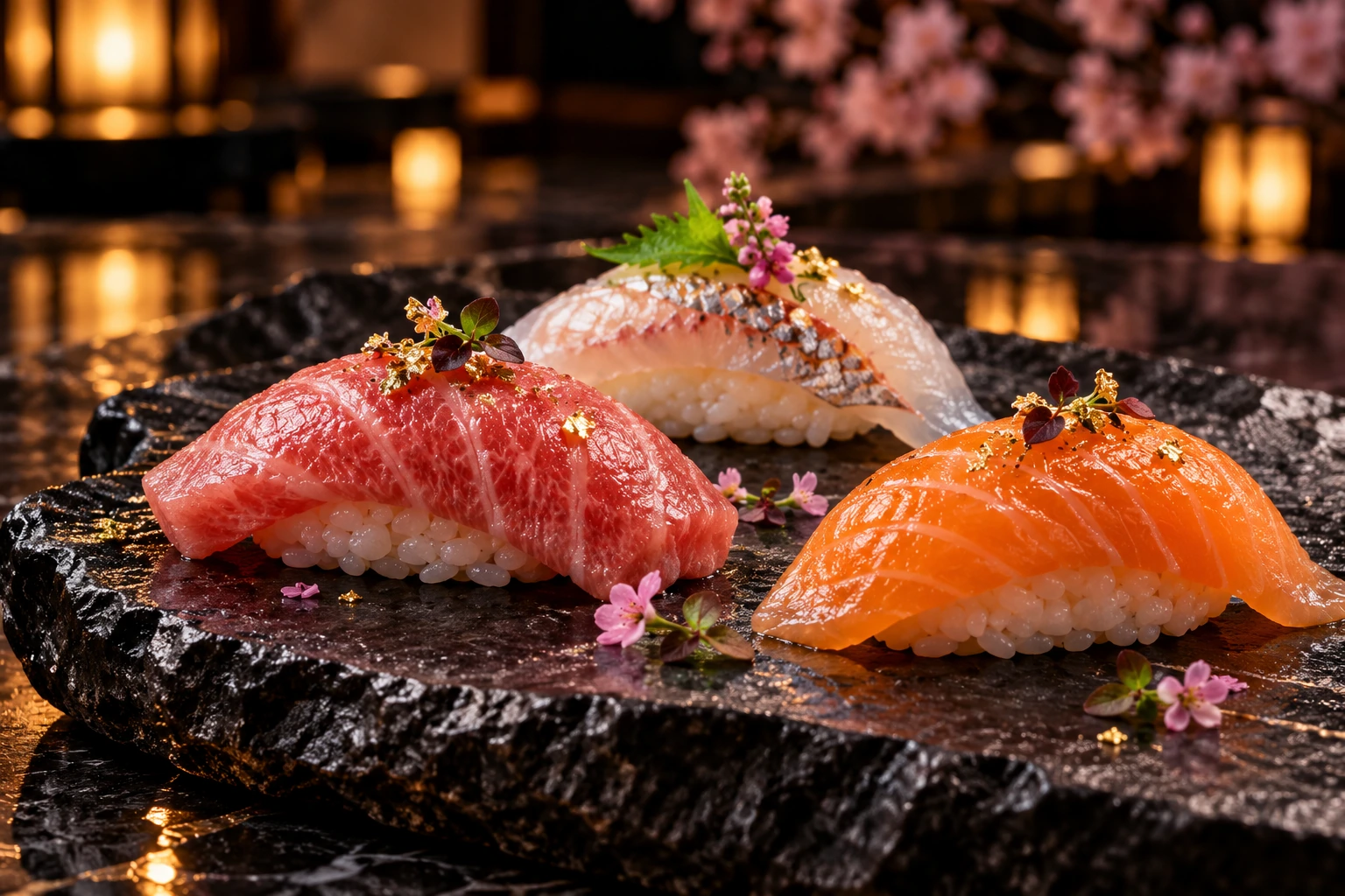 Marbled tuna, silver-skinned sea bream and salmon nigiri on black stone with cherry blossoms and lantern light