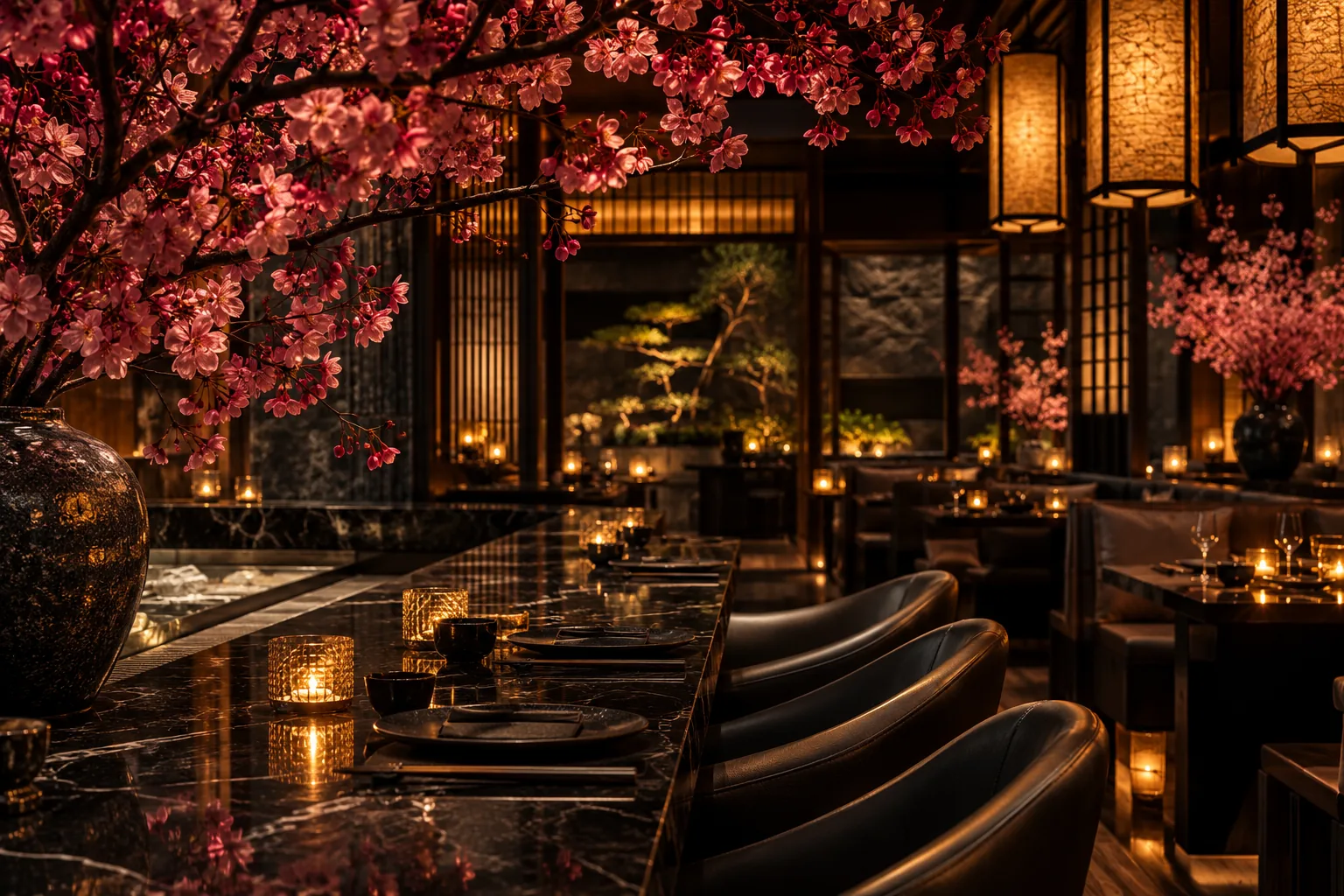 Cherry blossoms against a softly glowing dining room