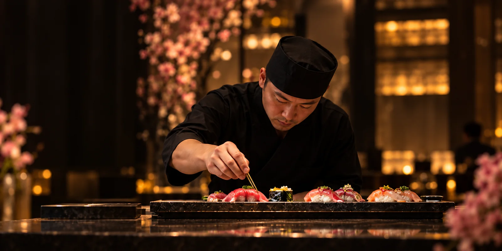 Fictional Chef Ryota finishing nigiri with two plating chopsticks