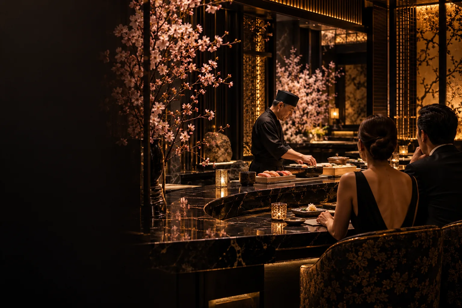 Lantern-lit sushi counter with cherry blossoms and guests enjoying an evening