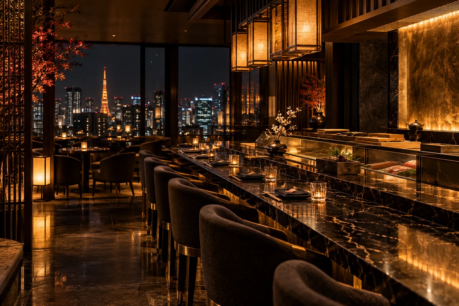 Warm evening light in a sophisticated Japanese lounge