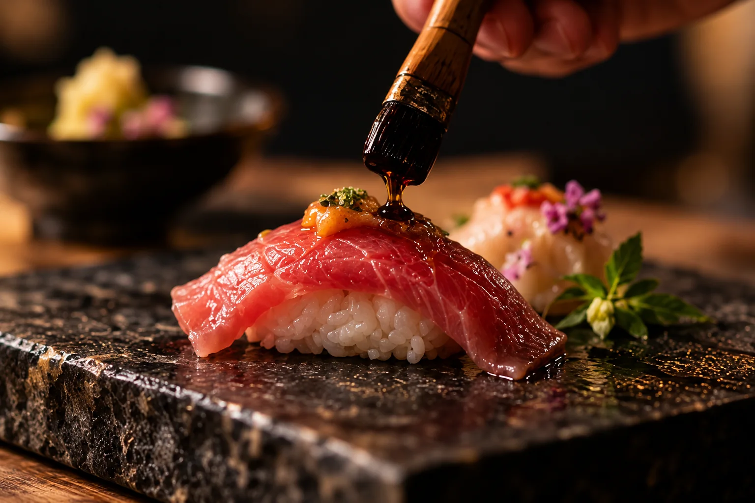 A wooden sushi brush glazing ruby tuna nigiri on textured black ceramic
