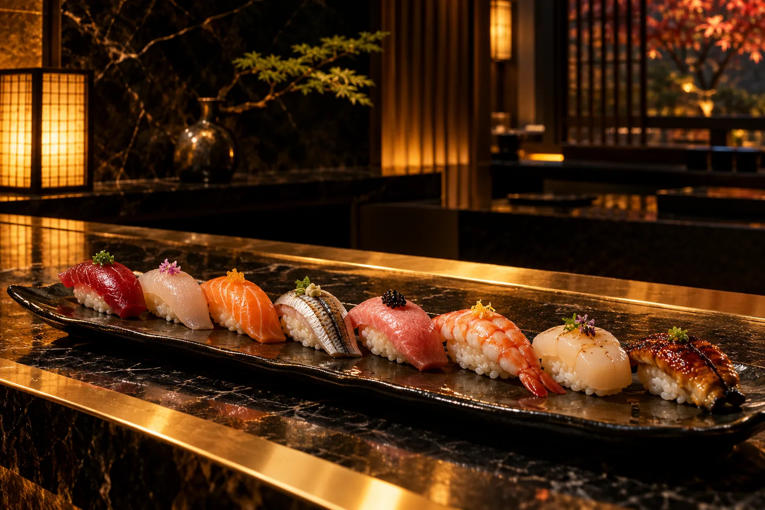 A precise seasonal selection of nigiri at the counter