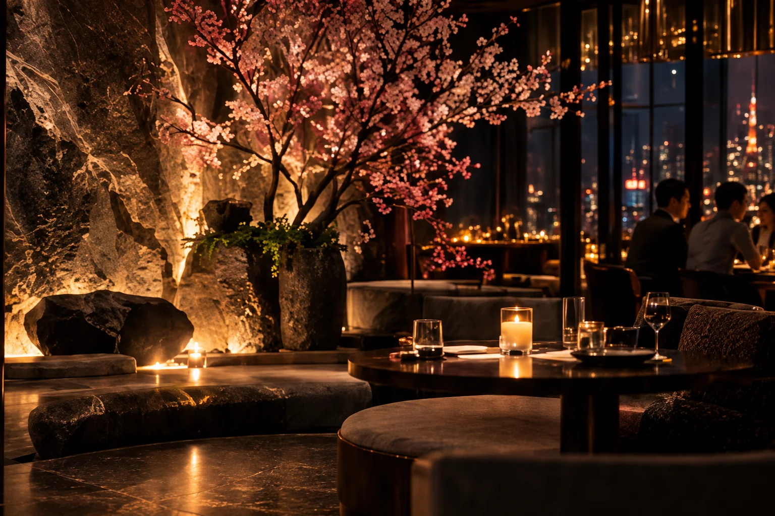 Cherry blossom tree and natural stone in the warm Akari dining room